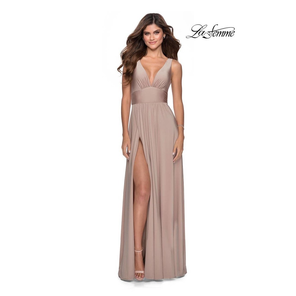 Lá Femme Deep V-Neckline Side Leg Slit Maxi Dress Nude Size 4 NWT
